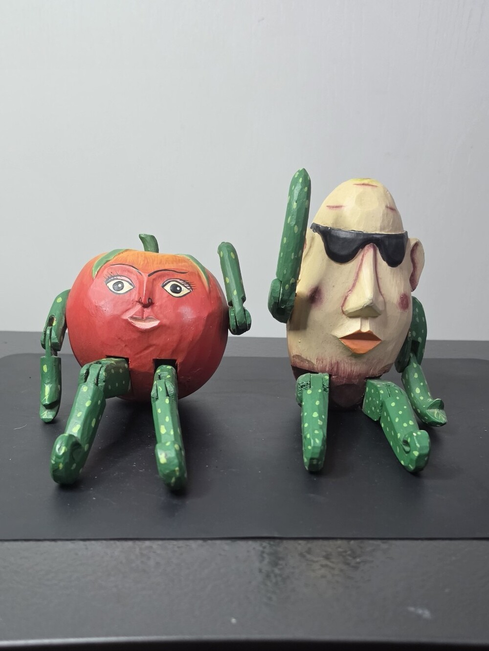 Hand-Painted Red Apple and Potato Cream Face Wooden Figurines with Green Limbs